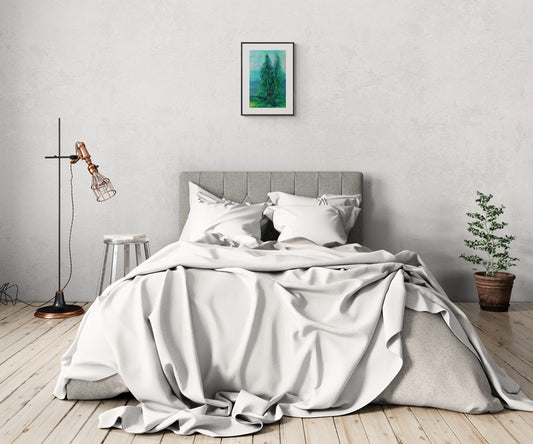 "Me kaksi" -taidejuliste sisustuksessa - kaksi vanhaa kuusta metsässä, elämänkumppanuuden symboli. Melankolinen metsämaisema 50x70cm kehyksessä.