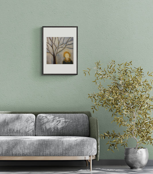 "Niin mieltä ylentävää" taidejuliste kokonaisuudessaan - talvi, lehdetön puu, nainen ajatuksissaan. Rajoitettu painos 100kpl, melankolinen tunnelma.