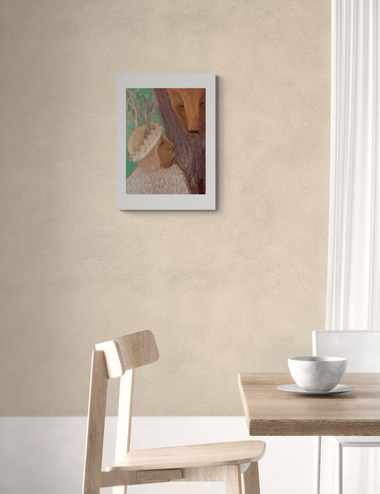 "Tämän pidemmälle en voi saattaa sinua" taidejuliste kokonaisuudessaan - karhu voimaeläimenä ja metsänhenki peuran sarvet päässä, lämmin rauhallinen tunnelma.