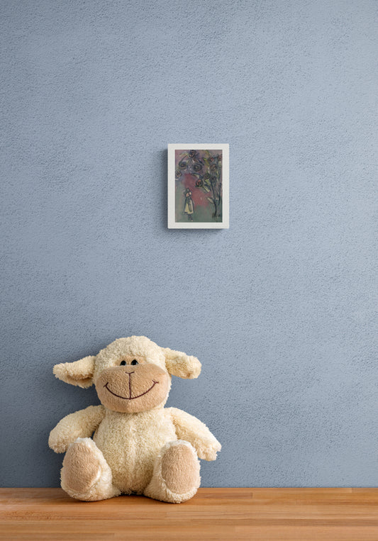 Taidejuliste "Tyttö ja ruusupuu" seinällä - 300 dpi painolaatu