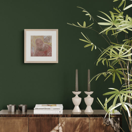 Ikiuni-taidejuliste sisustuksessa - karhu, nukkuva ihminen ja kielo. Rajoitettu painos 100kpl, kehystetty premium tammipuukehyksessä.