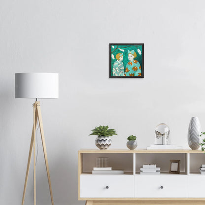 Premium taidejuliste; puukehyksinen suomalaisen nykytaiteilijan juliste 30 cm x 30 cm, "Syntynyt leijonaksi perhosien laaksoon" - HannaartByHanna ©