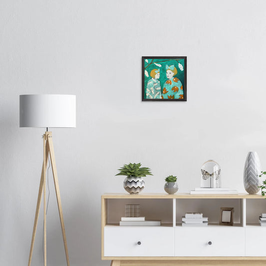 Premium taidejuliste; puukehyksinen suomalaisen nykytaiteilijan juliste 30 cm x 30 cm, "Syntynyt leijonaksi perhosien laaksoon" - HannaartByHanna ©