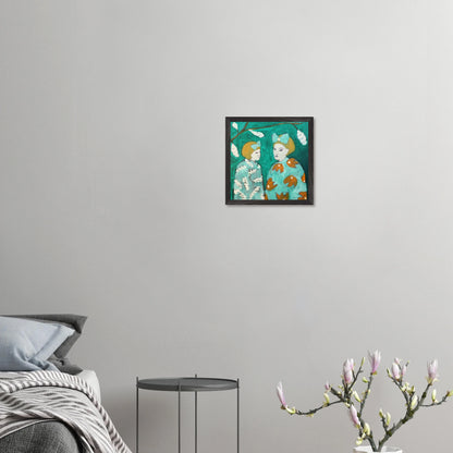 Premium taidejuliste; puukehyksinen suomalaisen nykytaiteilijan juliste 30 cm x 30 cm, "Syntynyt leijonaksi perhosien laaksoon" - HannaartByHanna ©
